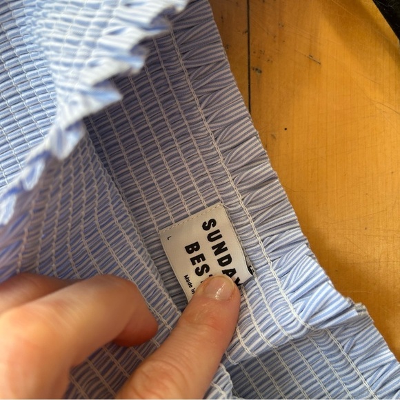 Aritzia Sunday Best Sz L Hadley Blue Striped Coastal Puff Sleeves Mini Dress - Picture 8 of 11